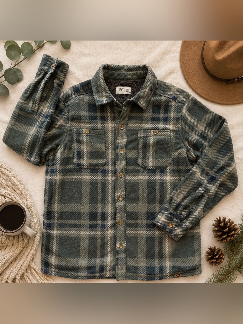 LIV Outdoor Sherpa Lined Plaid Fleece Shirt Jacket Green Blue Size L